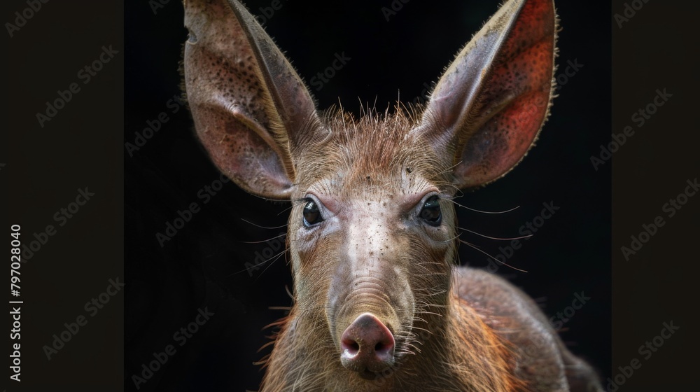 Fototapeta premium The stunning portrait captures the essence of a young bongo with an inquisitive gaze and a hint of wild attitude against a black backdrop