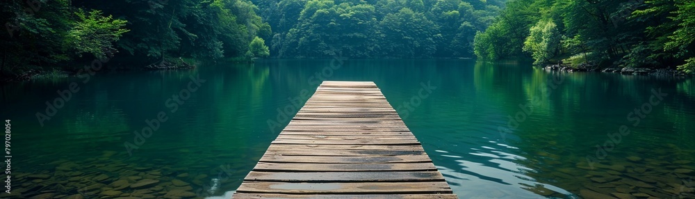 A calming waterfront view, inviting one to relax on a wooden dock leading to a serene lake surrounded by lush green forests copy space for text A calming waterfront view, inviting one to relax on a wooden dock leading to a serene lake surrounded by lush green forests copy space for text