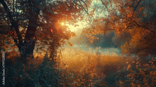 A warm  enchanting light floods an autumnal forest setting  highlighting the fall foliage