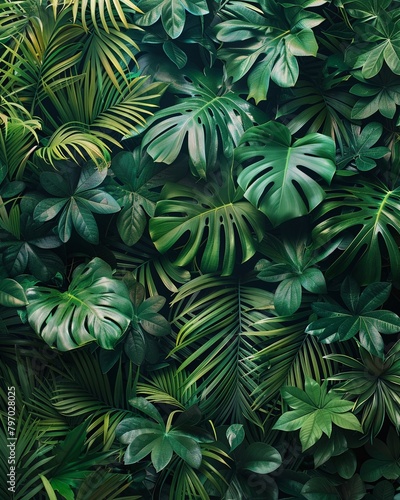 wallpaper with dense green tropical jungle foliage presenting various shades and leaf types copy space for text