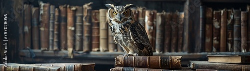 A majestic owl perched on a stack of antique leatherbound books, wearing a charming vintage hat against a dark backdrop photo