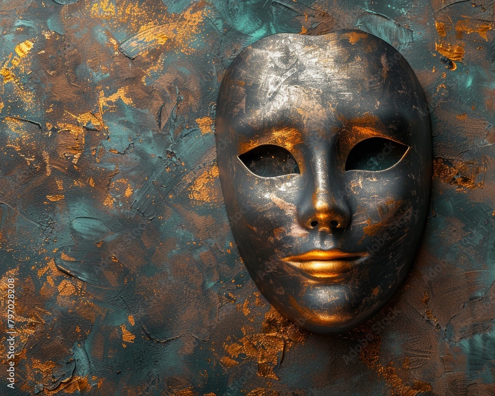 Elegant golden face mask on rich background copy space for text Elegant golden face mask on rich background copy space for text