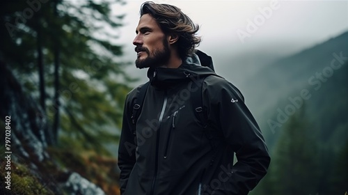 Innovative softshell jacket with built-in heating system in a forest setting photo