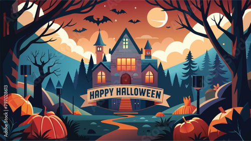 Haunting Halloween night with sinister pumpkins, bats, and a chilling castle against the full moon. Frightening banner illustration.
