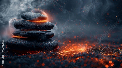 Glowing hot stones stacked in a serene spa setting with sparks and smoke photo