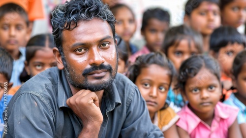 In the foreground sits an Indian teacher with a beard and mustache, his hand under his chin, looking at the camera. Behind him, a group of children, boys and girls, watch the man carefully. © ProPhotos