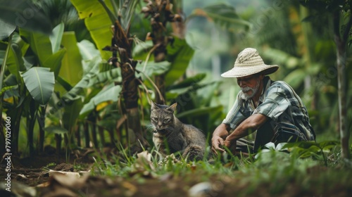 Intimate moment between a farmer and cat against a verdant backdrop of a tropical garden in a coffee farm