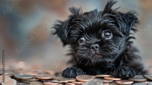 Adorable black puppy with shiny eyes peeking over a mountain of coins, perhaps illustrating financial growth or goals photo