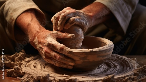 Artisan hands crafting ceramic pot on pottery wheel in dim workshop