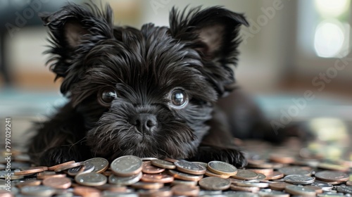 Black puppy with large glistening eyes submerged in a sea of coins, giving off a sense of overwhelming wealth photo