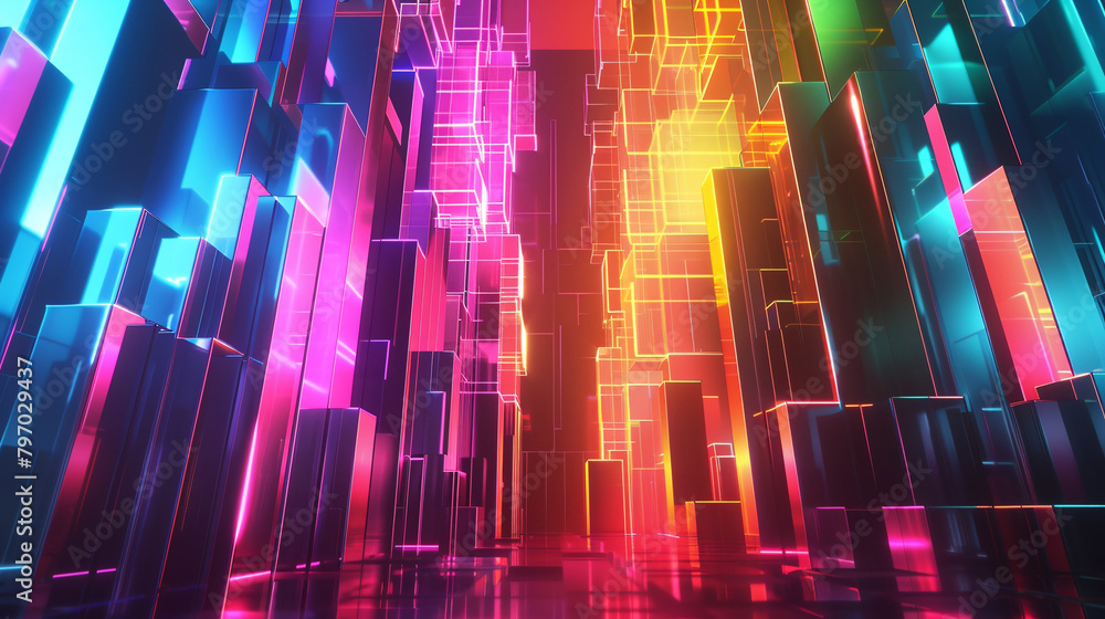 abstract 3d illustration of neon glowing cubes in space, geometric background. AI.