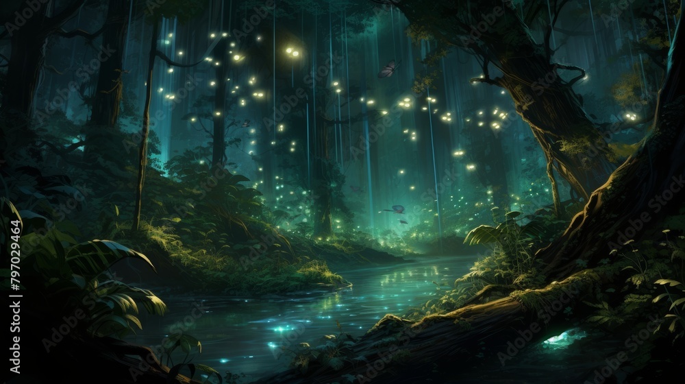 Enchanting nighttime jungle scene illuminated by a swarm of fireflies
