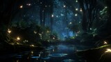Enchanting nighttime jungle scene illuminated by a swarm of fireflies