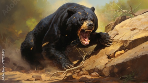 Majestic sun bear growling in a natural forest habitat, powerful wildlife moment