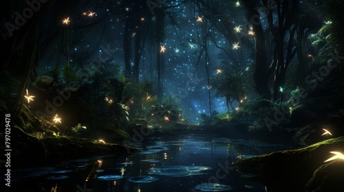 Enchanting nighttime jungle scene illuminated by a swarm of fireflies © Yusif
