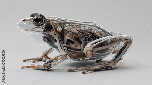 Precision crafted 3D rendering of a mechanical frog made of gears and metallic elements, depicting technology and biology fusion