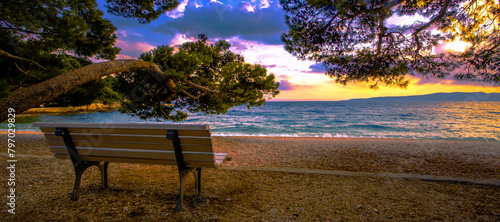 spectacular summer seascape, Brela resort, Makarska riviera, Dalmatia, Croatia, Europe, amazing sunset view