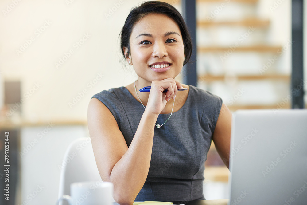 Portrait, laptop and Asian woman in office, smile and confidence for project, editor and corporate. Public relations, review and proofreading of articles, technology and online for company and web Portrait, laptop and Asian woman in office, smile and confidence for project, editor and corporate. Public relations, review and proofreading of articles, technology and online for company and web