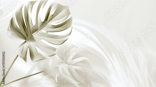 White variegated leaves of Monstera Alba on a light background. Copy space for text. Generative AI