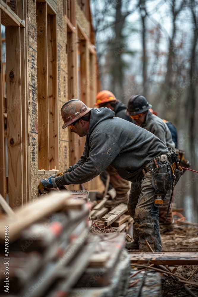 Focus on construction workers using tools to frame a new wooden building structure outdoor Focus on construction workers using tools to frame a new wooden building structure outdoor