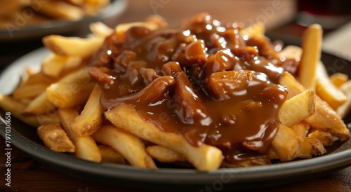 Delicious poutine with gravy and cheese curds on a plate