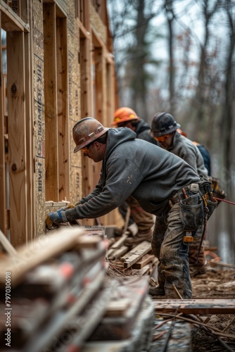 Focus on construction workers using tools to frame a new wooden building structure outdoor