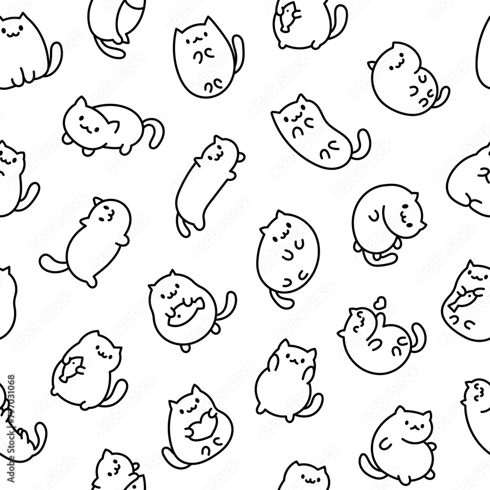 Cute kawaii little cat. Seamless pattern. Coloring Page. Cartoon funny kitty, animals character. Hand drawn style. Vector drawing. Design ornaments.