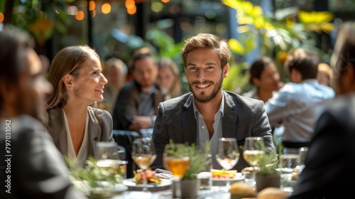 A man and a woman sit at a well-appointed table full of food within a bustling, plant-filled restaurant setting