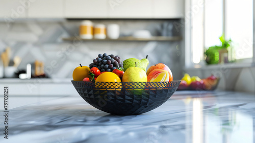 Geometric Elegance  Modern Fruit Bowl with Colorful Fruits on Minimalist Kitchen Counter