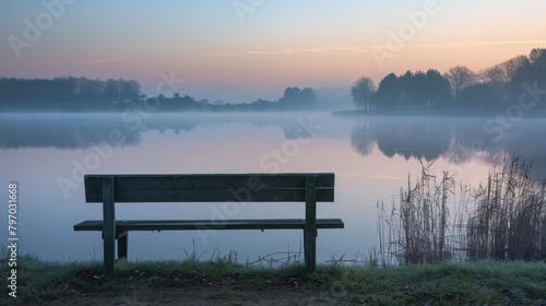 Serene Lake View at Dawn with Empty Bench