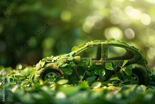 Green Eco-Friendly Car Covered in Leaves. Concept Sustainable Transportation, Eco-Friendly Vehicles, Green Living, Nature Inspired Designs, Leafy Car Art