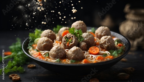 A bowl of mie bakso, a popular indonesian meatball soup served with noodles. photo