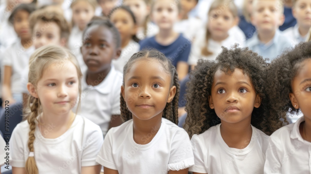 Several children in white shirts sit in rows and look forward. Some of them are smiling. Several children in white shirts sit in rows and look forward. Some of them are smiling.