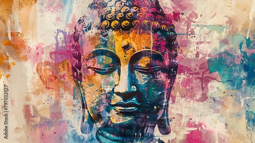 Abstract Buddha portrait with vibrant splashes of color. Colorful Buddha art in a splatter paint style. Concept of modern Buddhism, Zen, religion, peace, spiritual awakening.