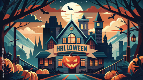 Embrace the horror of Halloween night with wicked pumpkins, bats, and a chilling castle against the full moon. Haunting banner illustration.
