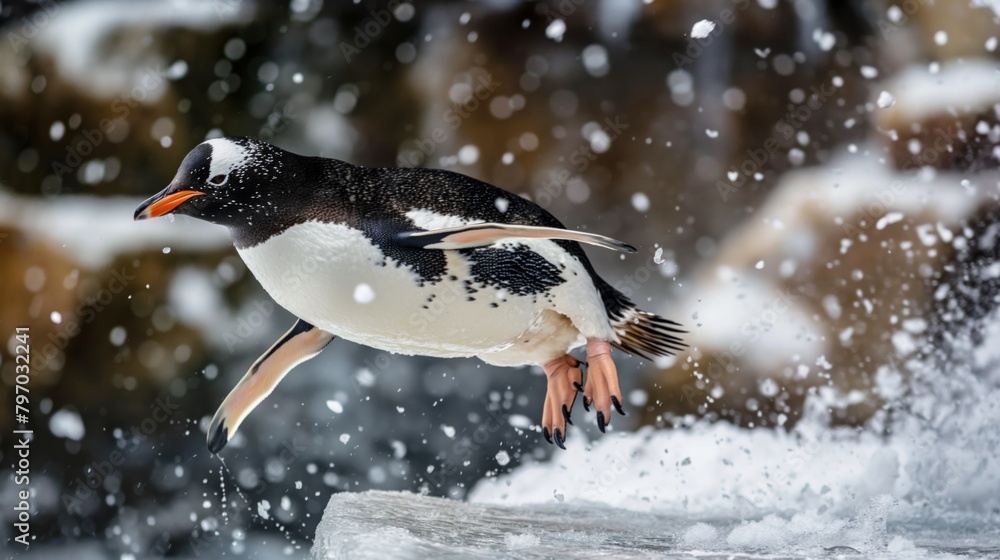 Fototapeta premium Dynamic image of a Gentoo penguin in mid-leap, with snowflakes flying, showcasing the animal's agility and the beauty of nature