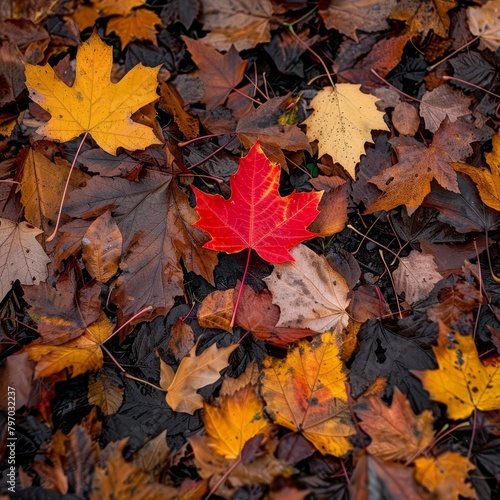 Vibrant Red Maple Leaf Standing Out Among Autumn Leaves