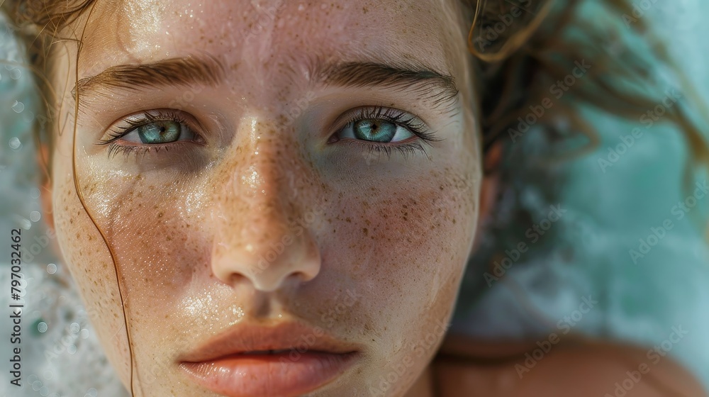 Close-up Portrait of a Young Woman with Freckles and Blue Eyes