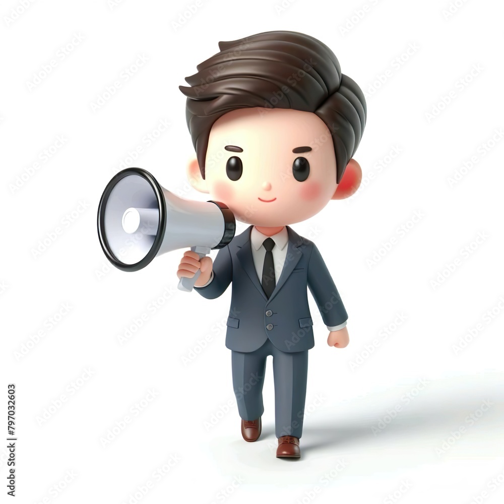 3D illustration of office worker holding megaphone