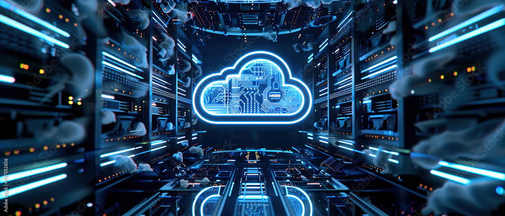 a banner concept for cloud computing A cloud icon figure, inside it of an interior computer with has circuits and screens inside, with empty copy space