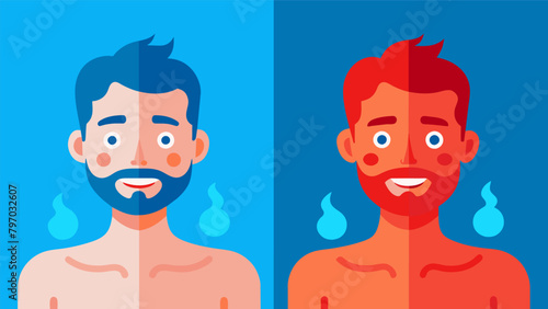 In the first picture a man is seen with red inflamed skin and a flushed face indicating possible inflammation or skin conditions. After regular sauna.