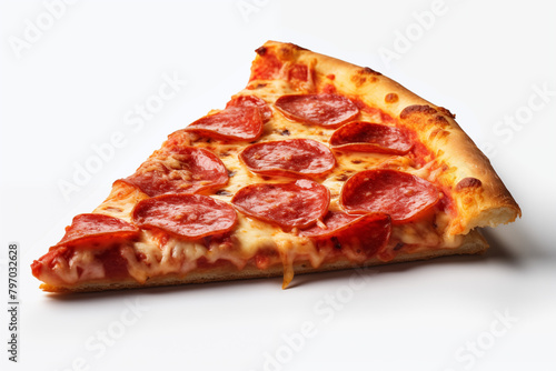 Slice of pizza on white background. Piece of pizza. Pizza related topics. Food related topics. Fast food. Image for graphic designer. Italian restaurant. Pizza delivery. Pizza restaurant chain.