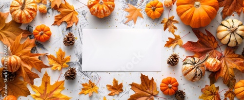 Autumn leaves and pumpkins on marble background. Blank paper for text in center. Thanksgiving mockup with copy space. Concept of fall  holiday card template  Thanksgiving design  harvest festival