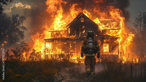 Firefighter walking towards a house engulfed in flames at sunset. Resolute fireman facing a raging residential fire. Concept of emergency service  bravery  disaster action  and heroism. Copy space