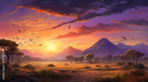 Golden sunrise over a serene African savanna with flying birds and distant mountains