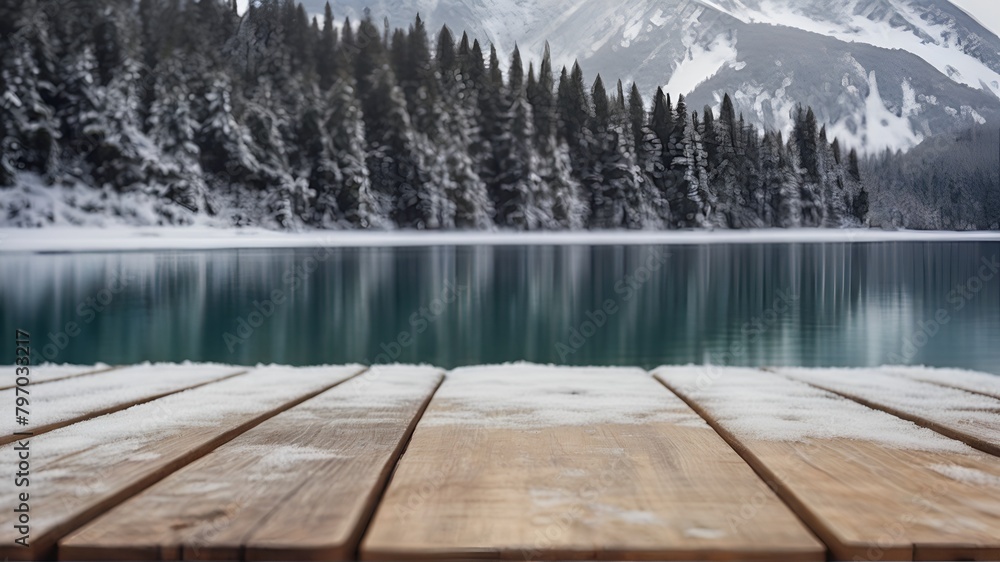Outdoor wooden podium with blurred background of lake and mountains in winter.