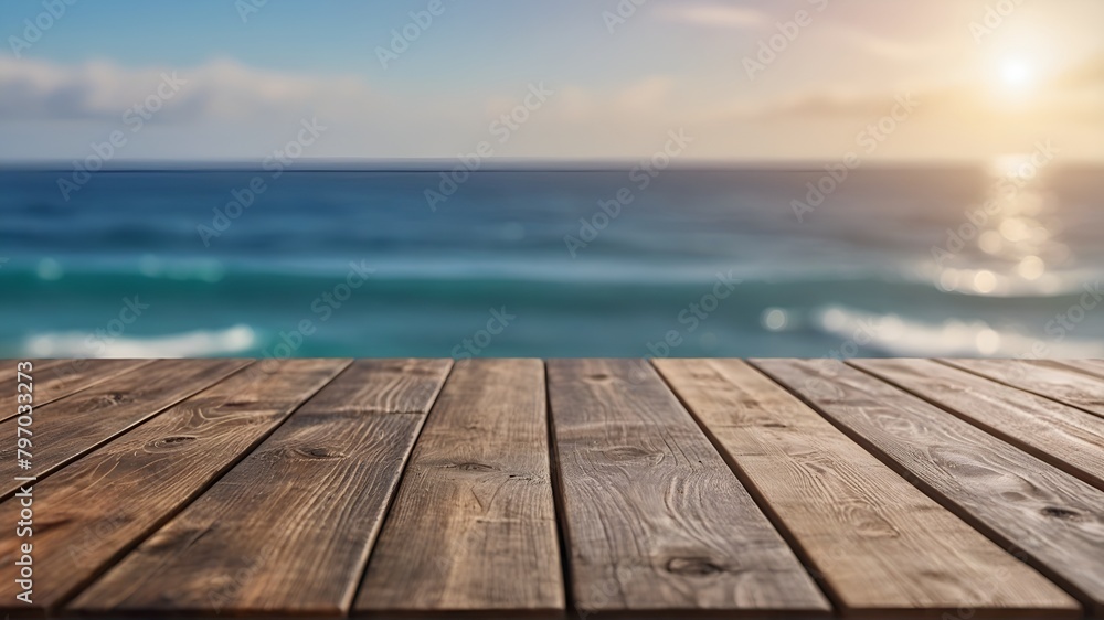 Outdoor wooden podium with sea blur background.