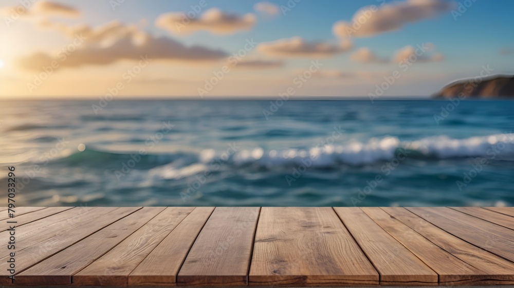 Outdoor wooden podium with sea blur background.