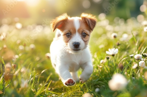 Playful puppy running through a sunny meadow