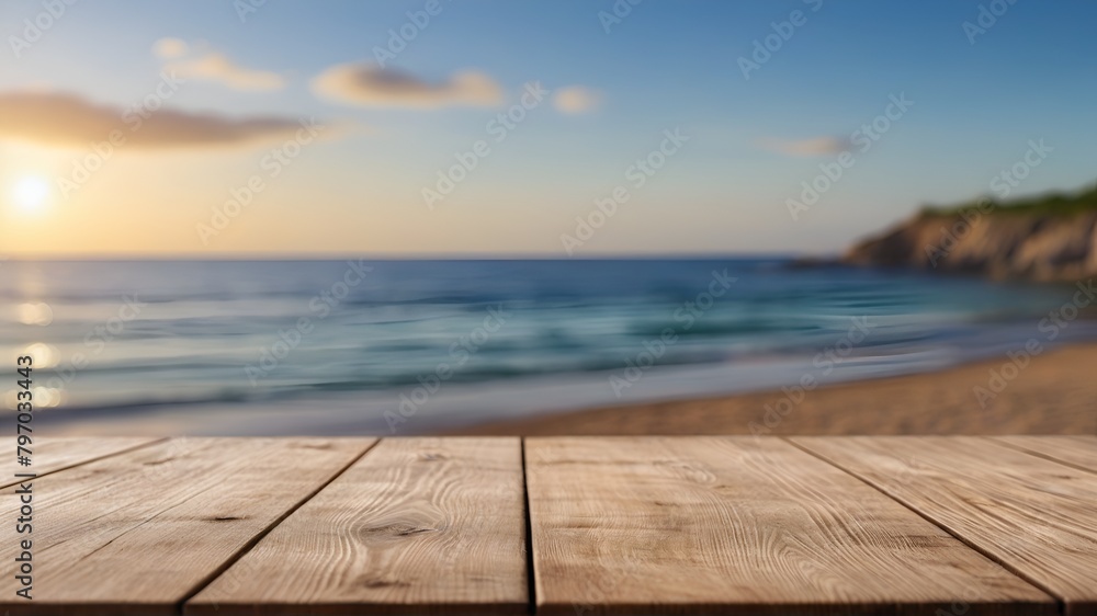 Outdoor wooden podium with beach blurred background.